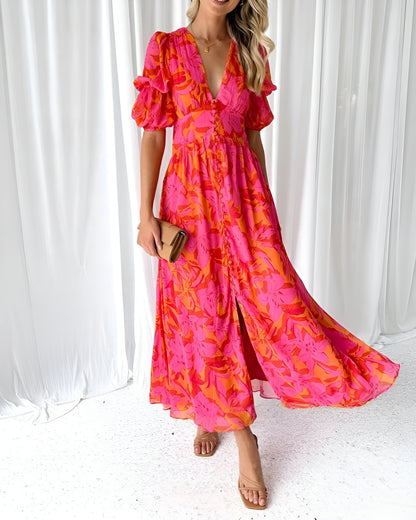 Lill-Babs™ | Elegant V-ringad Puffärm Maxiklänning