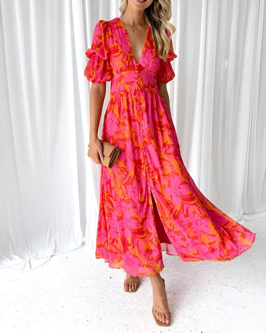 Lill-Babs™ | Elegant V-ringad Puffärm Maxiklänning